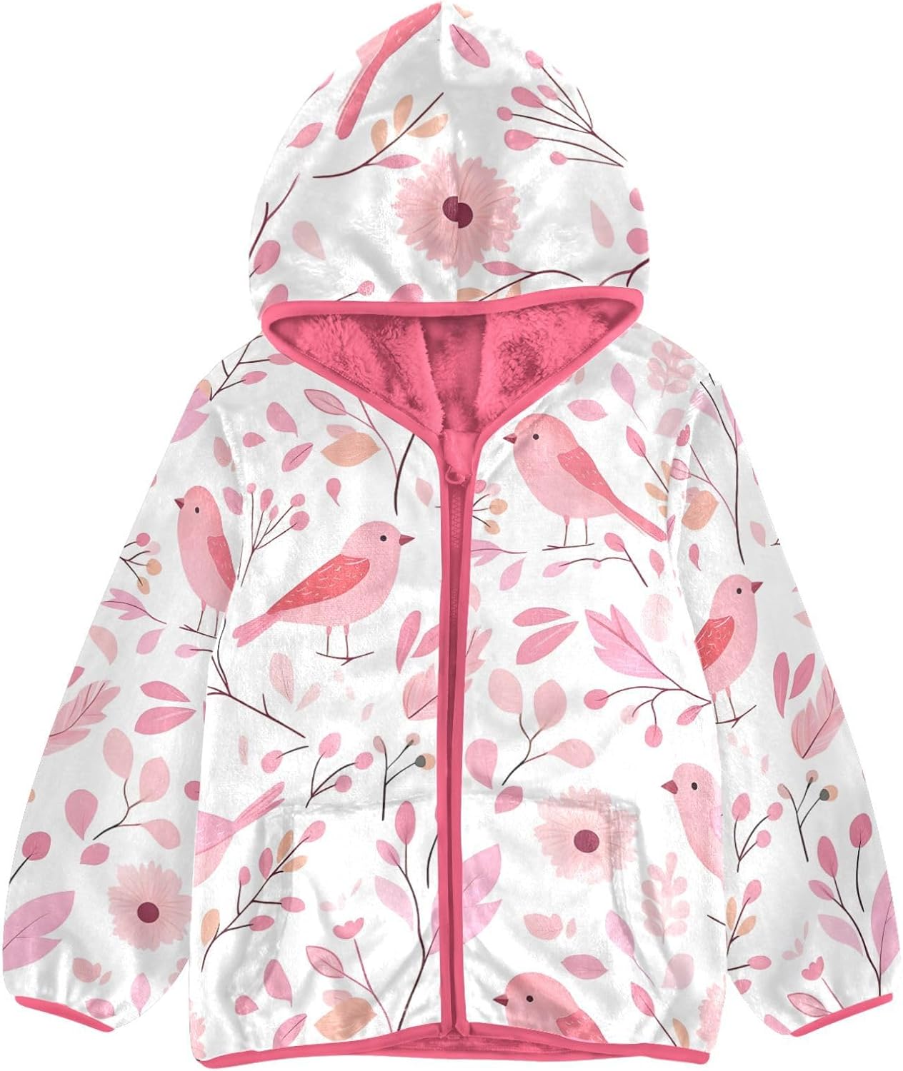 Girls Hoodie Outfit Pink Birds Pattern Zipper Sweatshirt Coat Fleece Jacket for Kids 3-10T