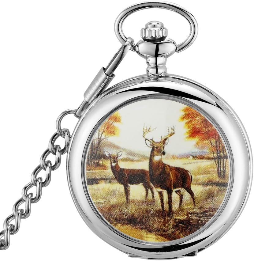 Antique Smooth Quartz Deer Pocket Watch with 14.5 inches Steel Silver Chain for Men Xmas Fathers Day Gift (Orange)