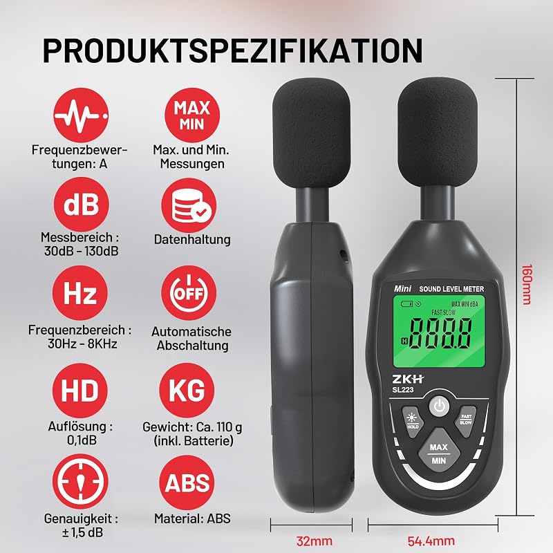 ZKH Digitális Hangerőmérő 30-130dB LCD Kijelzővel Zajmérő