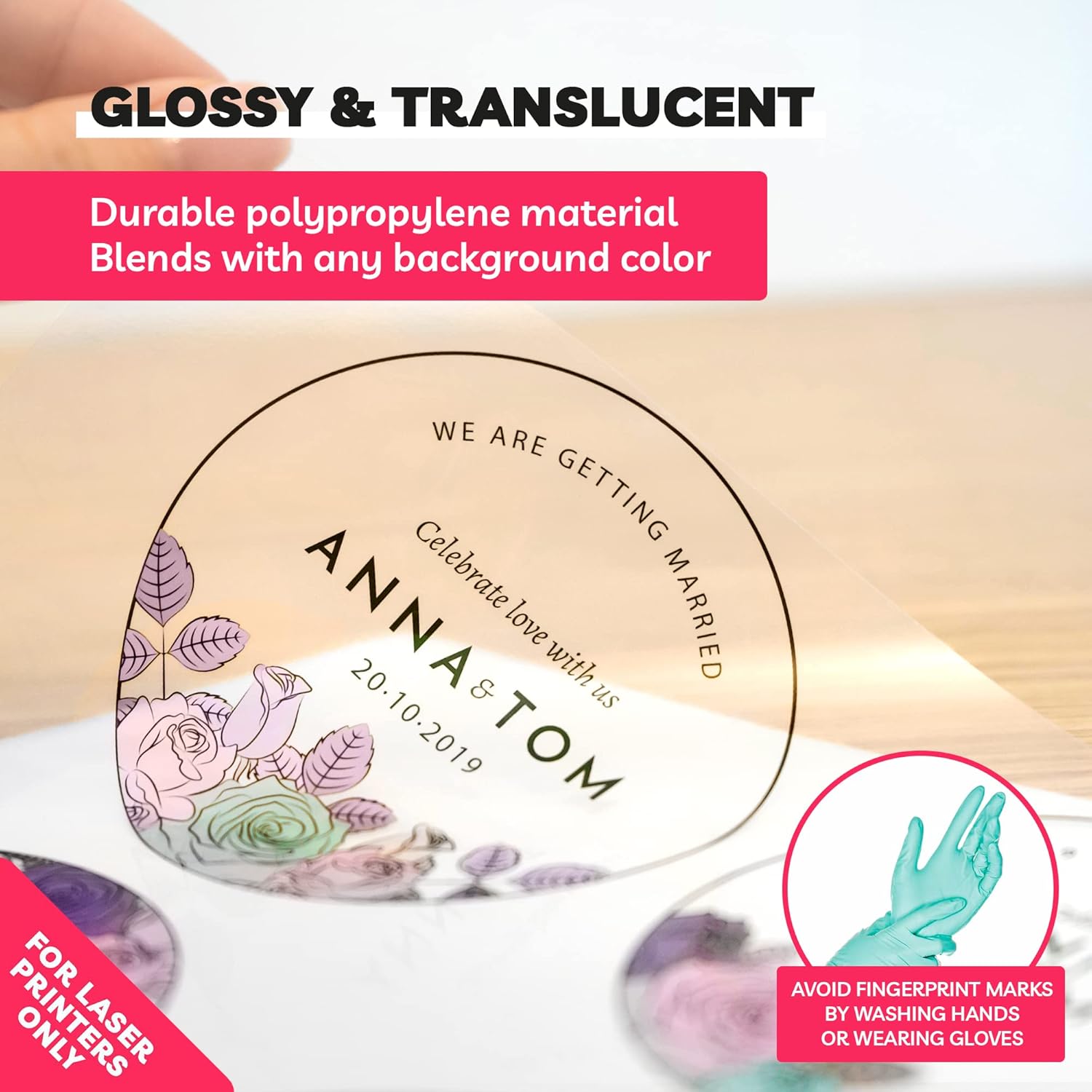 Bundle - 90% Clear Sticker Paper for Inkjet Printer (20 Sheets) - Glossy 8.5 x 11 and Clear Sticker Paper for Laser Printer (20 Sheets) Vinyl Labels Decal Transparent