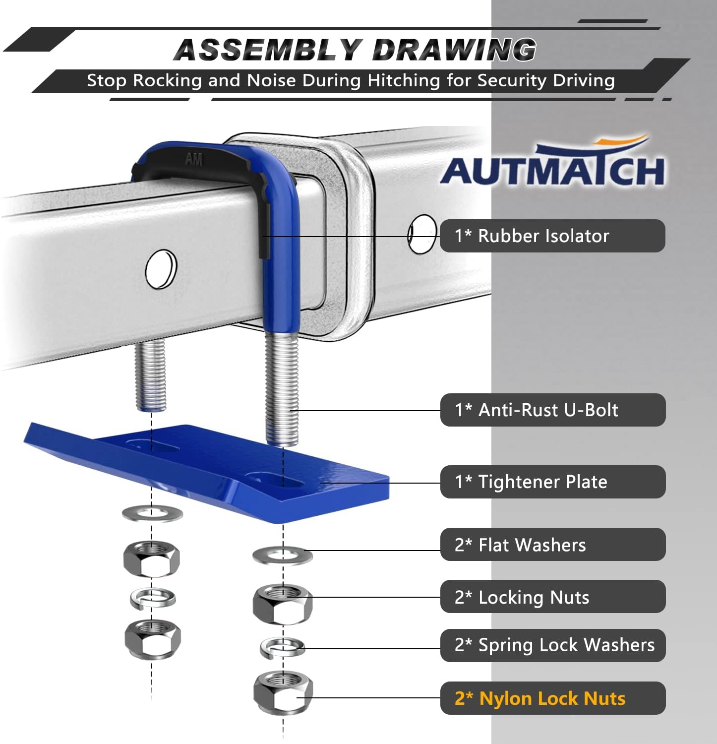 AUTMATCH Shackle Hitch Receiver 2 Inch with Hitch Tightener Anti-Rattle Clamp, 3/4" D Ring Shackle and 5/8" Trailer Hitch Lock Pin, Heavy Duty Receiver Kit for Vehicle Recovery, Blue
