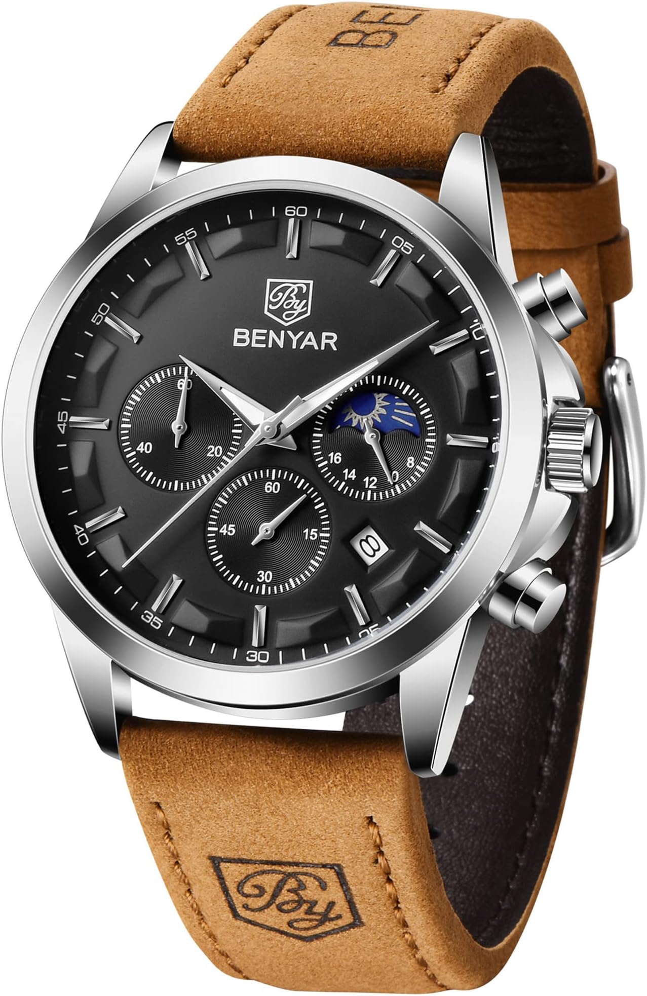 BY BENYAR Waterproof Multifunction Chronograph Black Fashion Quartz Calendar with Leather Strap Sport Military Men's Wrist Watch