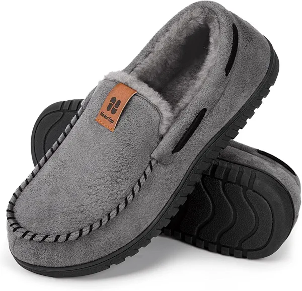 HomeTop Men's Moccasin Slippers Soft Faux Suede Plush Warm Lining Memory Foam Indoor House Shoes with Anti-Skid Sole (11, Grey)