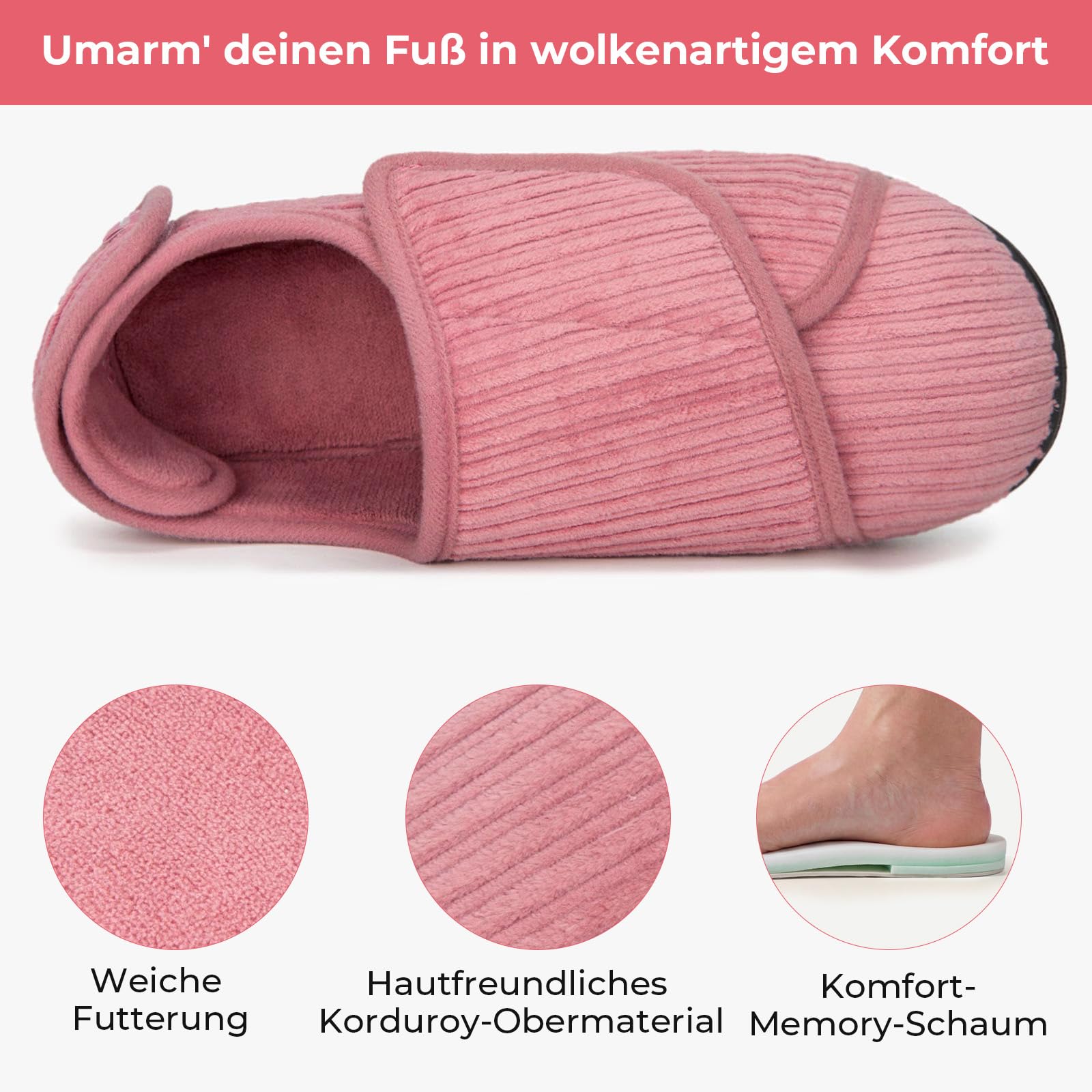 HomeTop Damen Hausschuhe geschlossene Ferse weiter Schnitt Klettverschluss