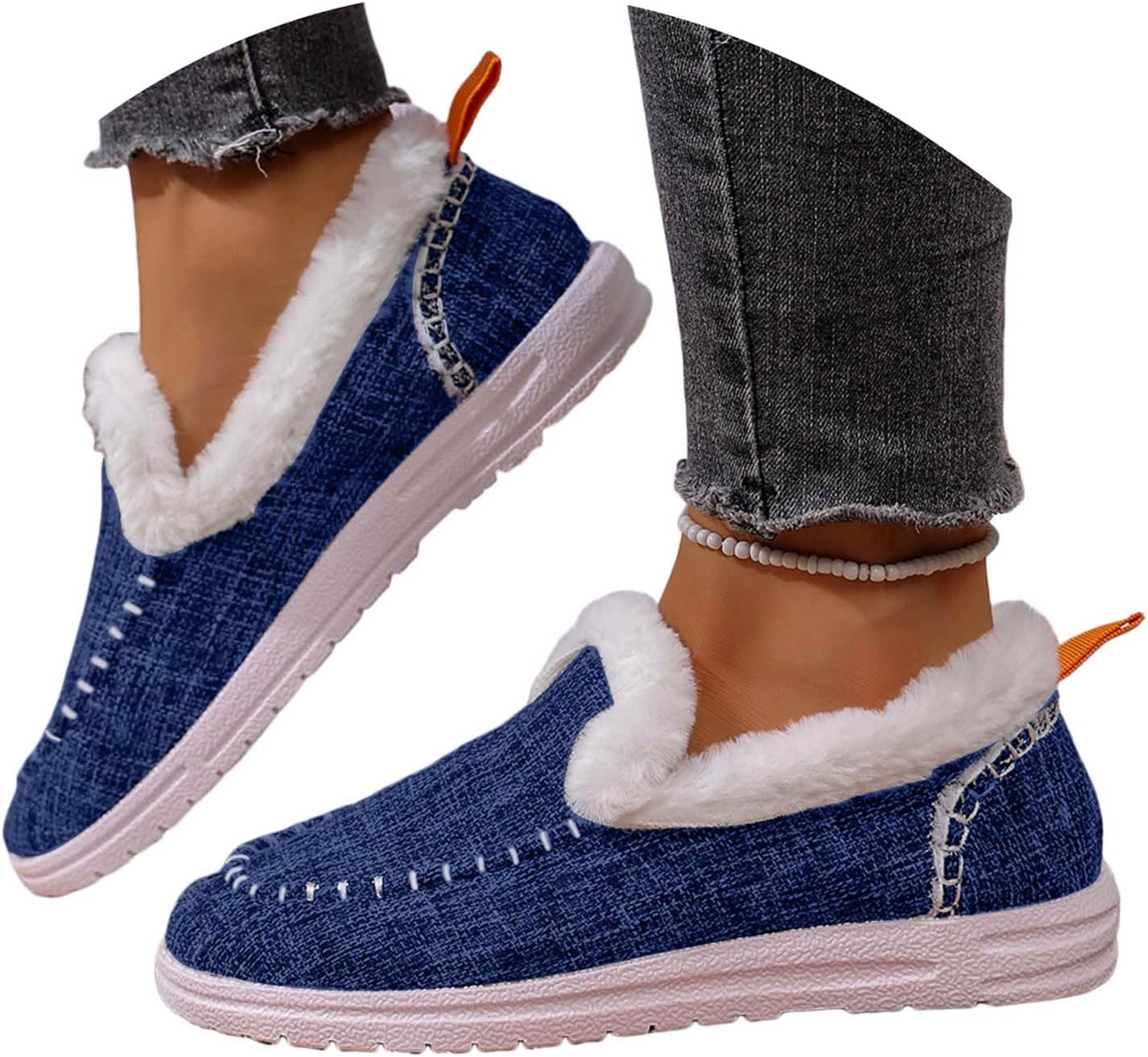 Womens Winter Flat Snow Boots Warm Plush-Lined Slip on Loafers Casual Outdoor Plush Short Booties Memory Foam Comfortable Walking Shoes Round Toe Non Slip Fleece Collar Ankle Boots