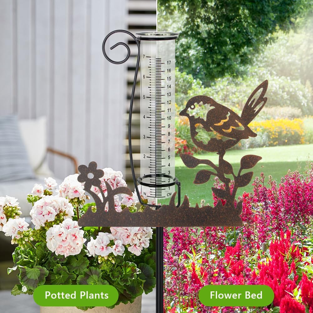 Rain Gauge Outdoor,7 Inch Decorative Bird Rain Gauges Outdoors Best Rated,Glass Water Rain Measure Gauge with Removable Metal Plate for Yard Patio Lawn Decor