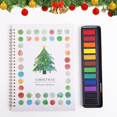 Christmas Water Color Workbook, Beginner-Friendly Watercolor Painting Book with 12