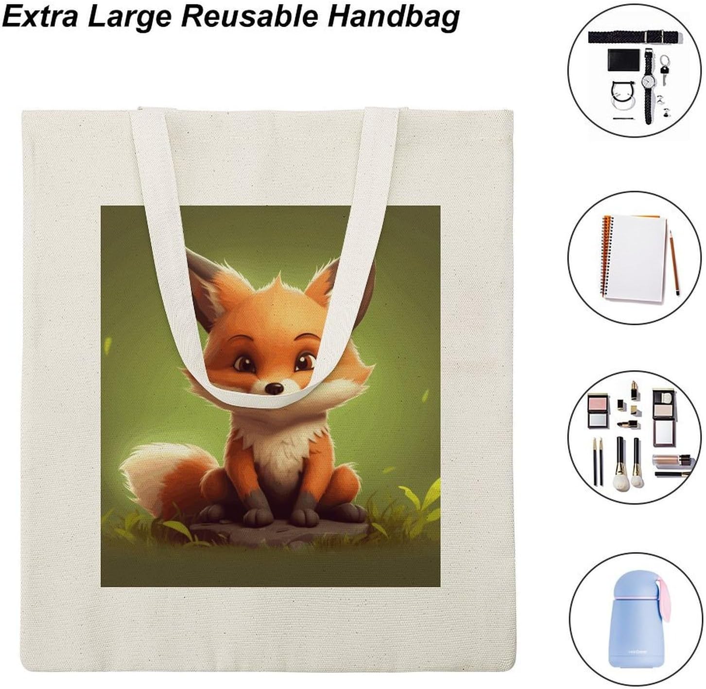 Cute Little Fox Cotton Polyester Blend Canvas Carryall Bag | Cute Little Fox Reusable Fabric Handbag for Grocery Travel Daily Errands Multipurpose Storage Carry Tote