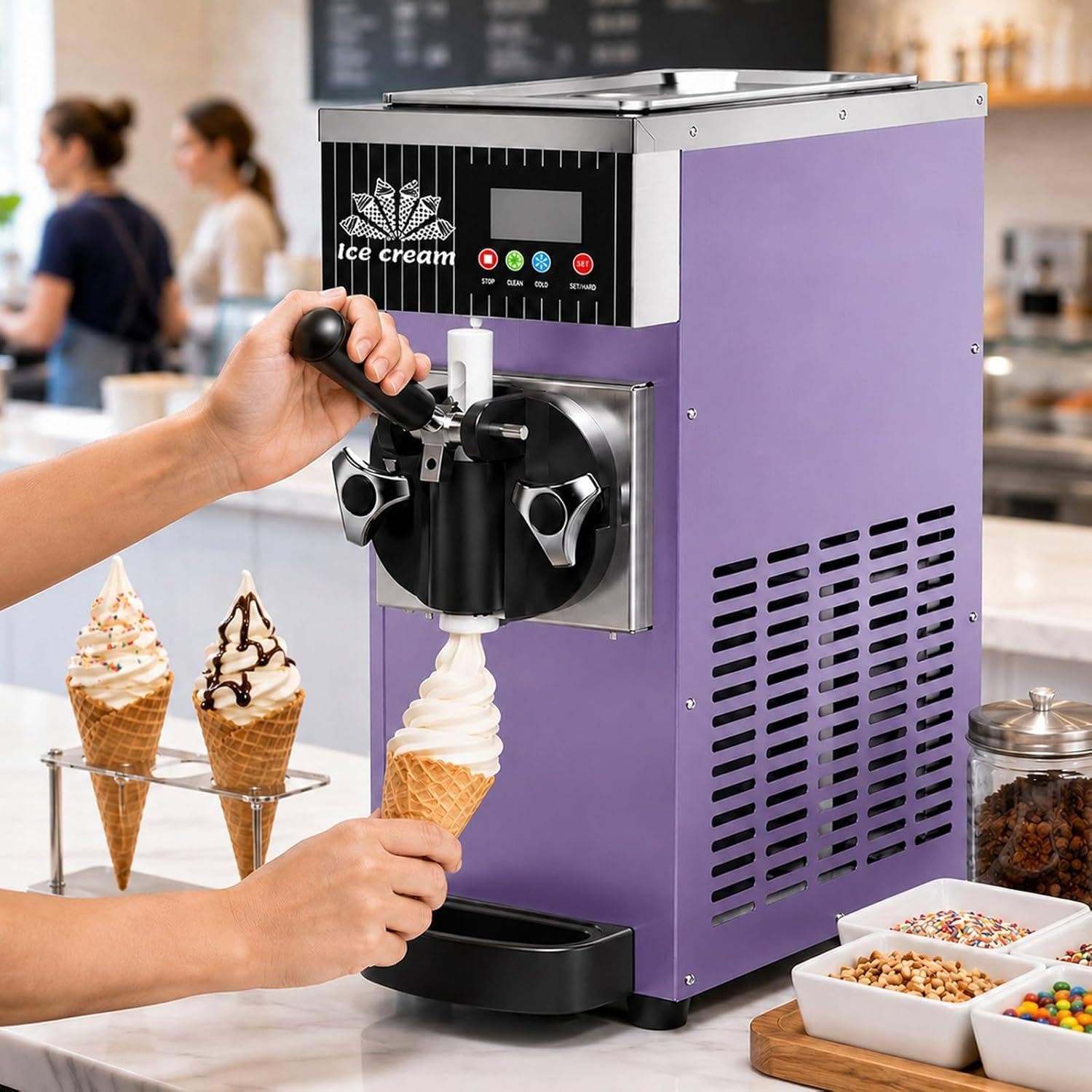 XUXIAO Soft Serve Ice Cream Machine, Countertop Single Flavor Maker, Lcd Panel,Pre-Cooling&Auto Clean, Countertop Dessert Maker, For Home&Commerce Purple