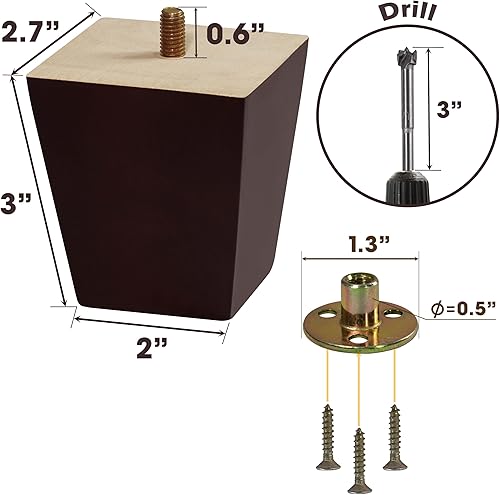 Miniatura 3 de VASGOR Juego de 4 patas de madera para muebles (broca incluida) patas cuadradas para sofá, patas de sofá, patas de repuesto modernas de mediados de