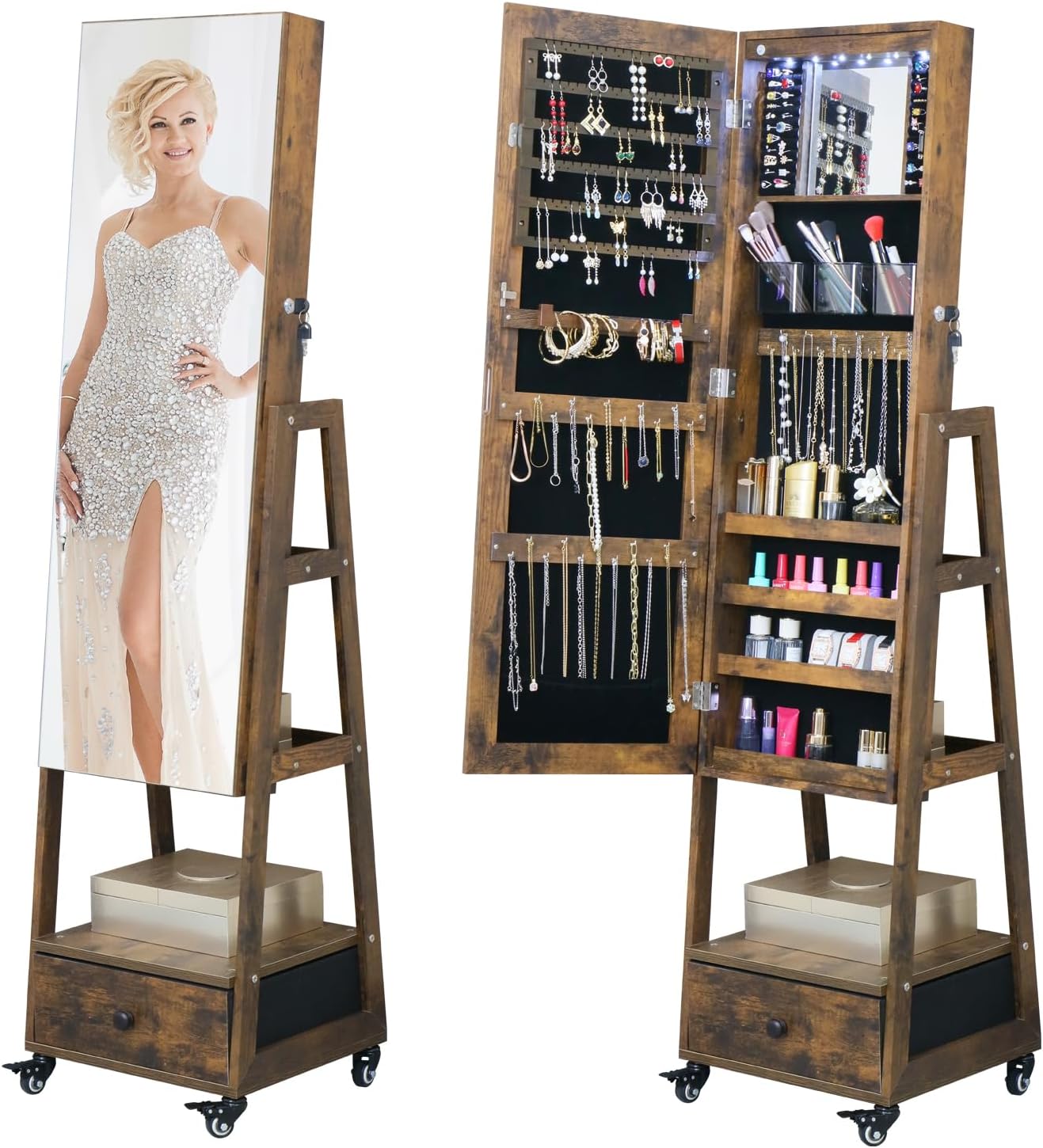 Mirror Jewelry Cabinet with wheels 62 Inch Full Length Mirror with Standing Jewelry Armoire Organizer, Lockable Jewelry Storage Cabinet With Drawer