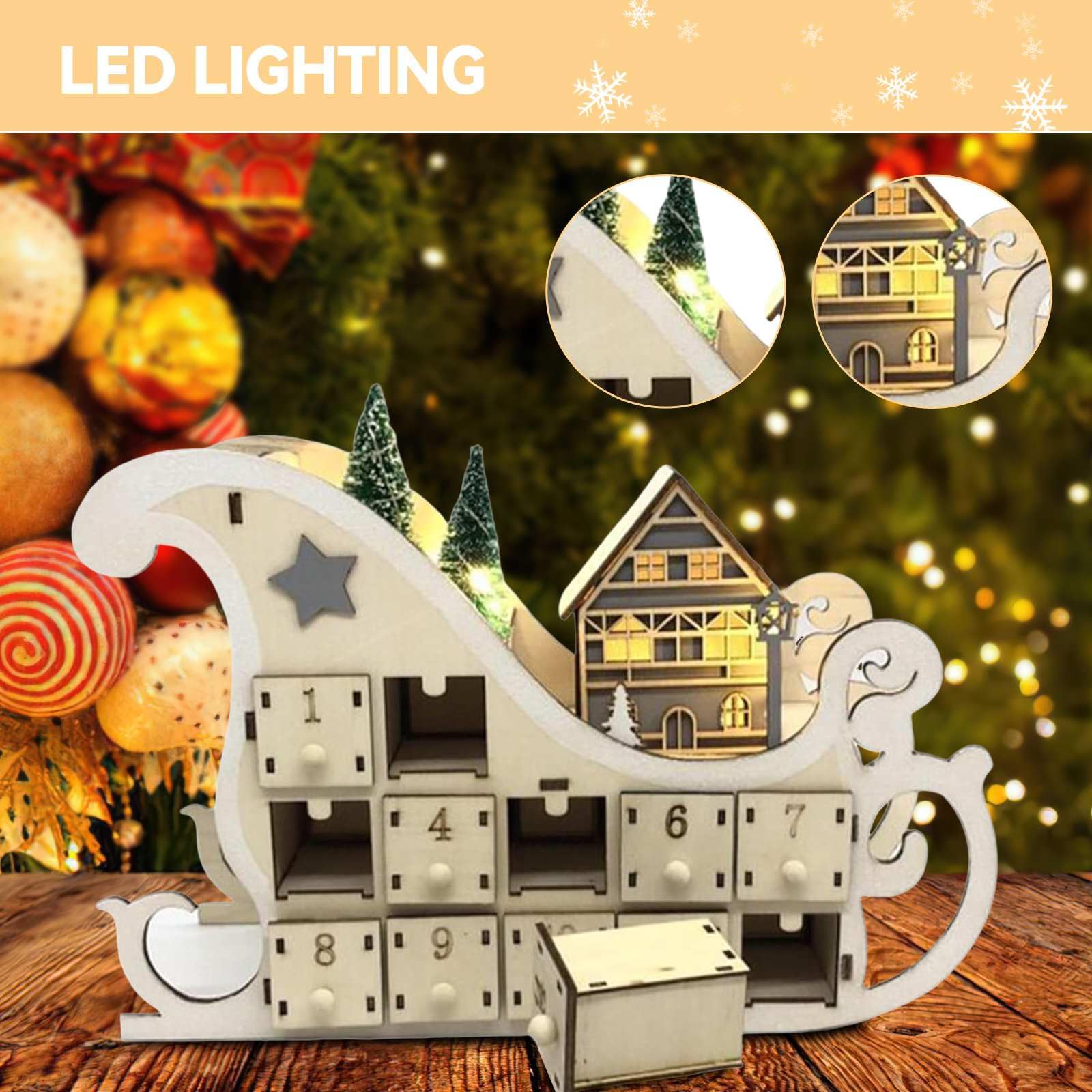 Adventskalender Holz Mit LED & Musik | 24 Schubladen | Selbstbefüllbar