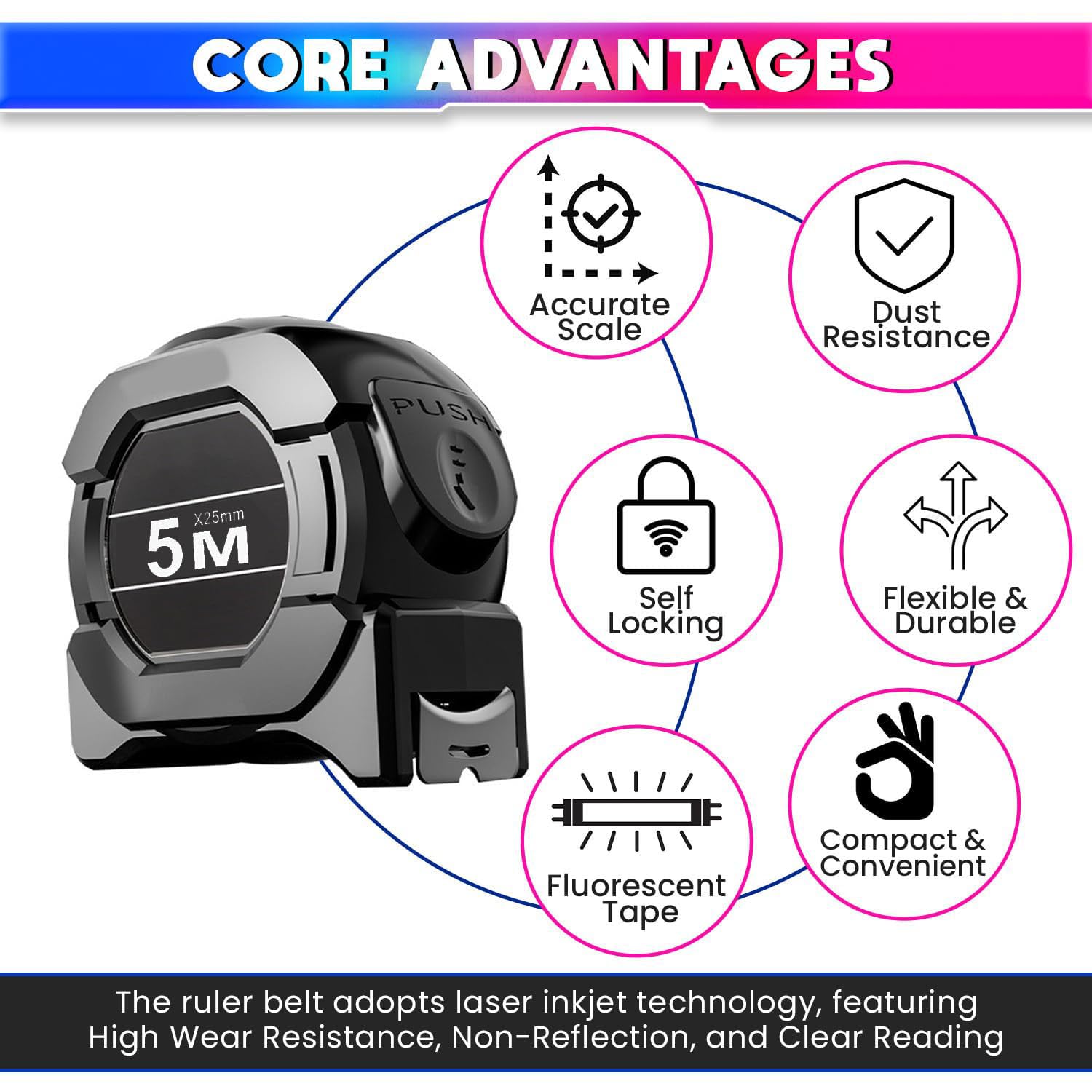 Gadget Hero's 5 Meter Measuring Tape with Auto-Locking and Retracting Feature, Heavy Duty Unbreakable ABS Case with Belt Clip- One-Man Operation, Measure in Inch & Centimeters. — Amazon image 2