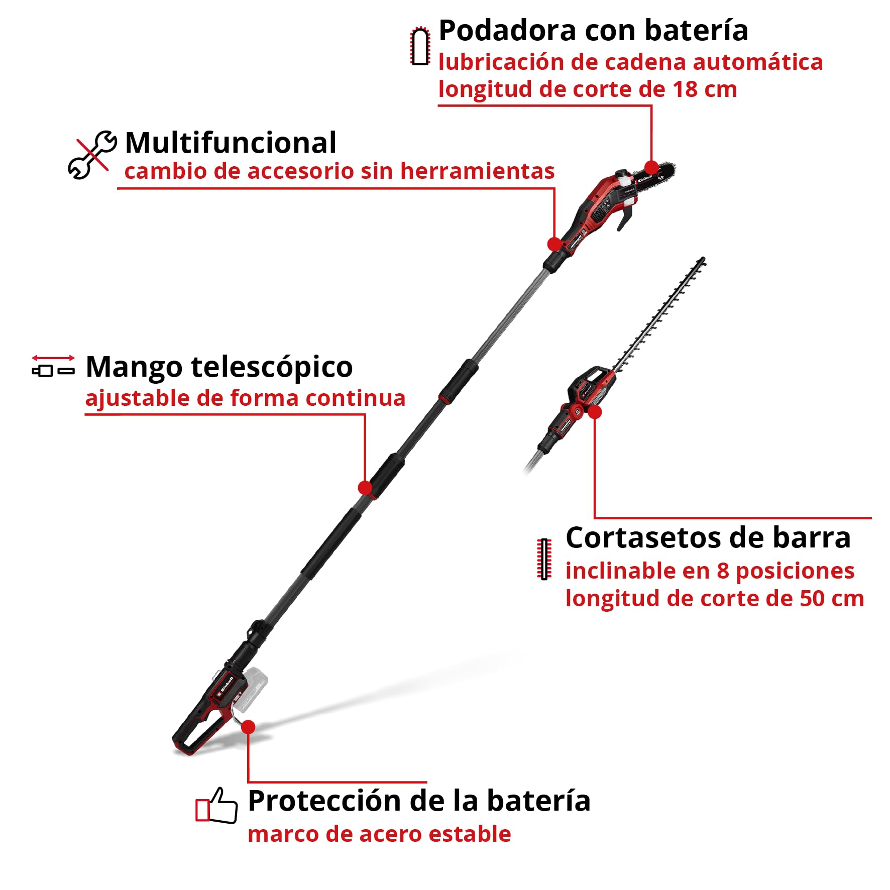 Multiherramienta con batería GP-HC 18/5020 Li T BL-Solo Einhell Professional Power X-Change (18 V, Brushless, Cortasetos de 50 cm, podadora de 18 cm, Mango telescópico, sin batería)