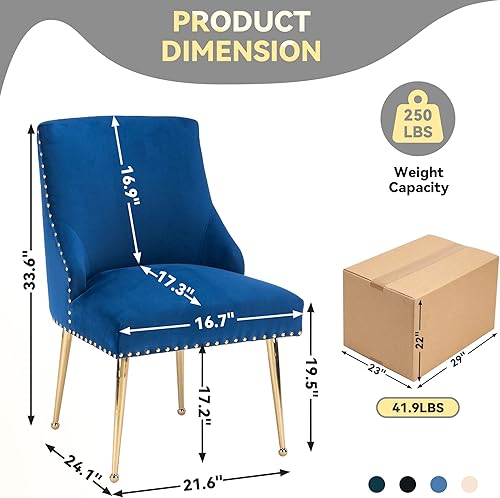 Miniatura 2 de SEYNAR Juego de 2 sillas decorativas de terciopelo, sillas tapizadas de tela para cocina, comedor con patas doradas pulidas, modernas sillas de