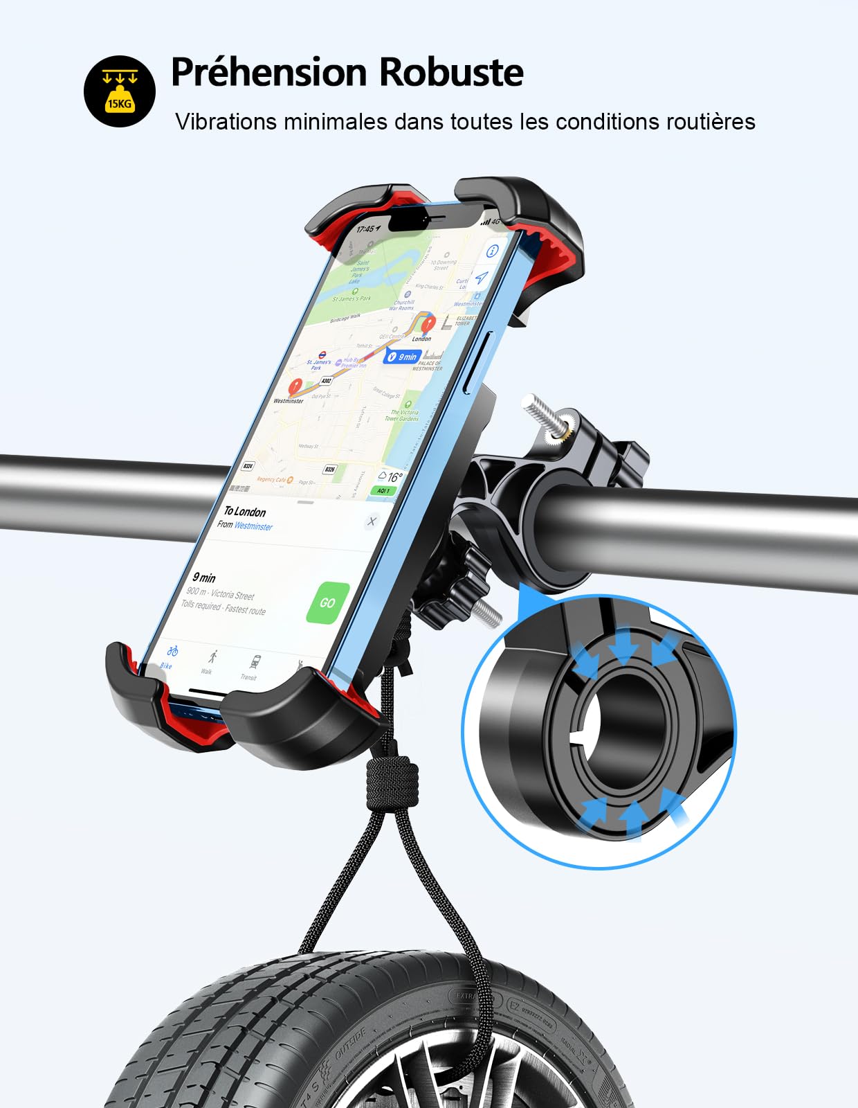 Mohard Support Téléphone Vélo, 2025 Améliorée [Ne Tombe Jamais] [0 Secousses] [Installation en 3s] Support Telephone Moto pour VTT Scooter, 360° Rotation Porte Telephone Velo pour 4,7-6,8'' Smartphone