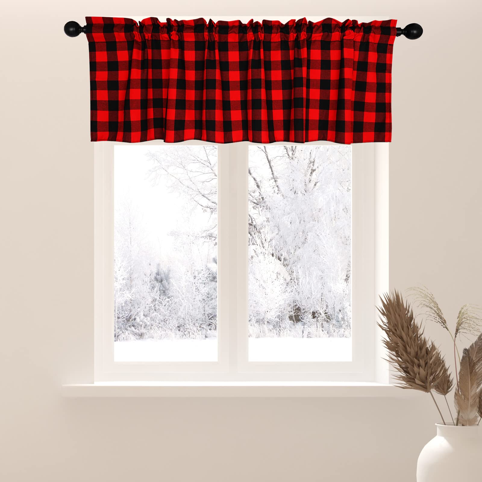 Bentrilisa Red / Black Buffalo Plaid Check Valance For Kitchen Window Black Rod Pocket Gingham Farmhouse Country Window Valances Small Curtains, 56X18 Inches