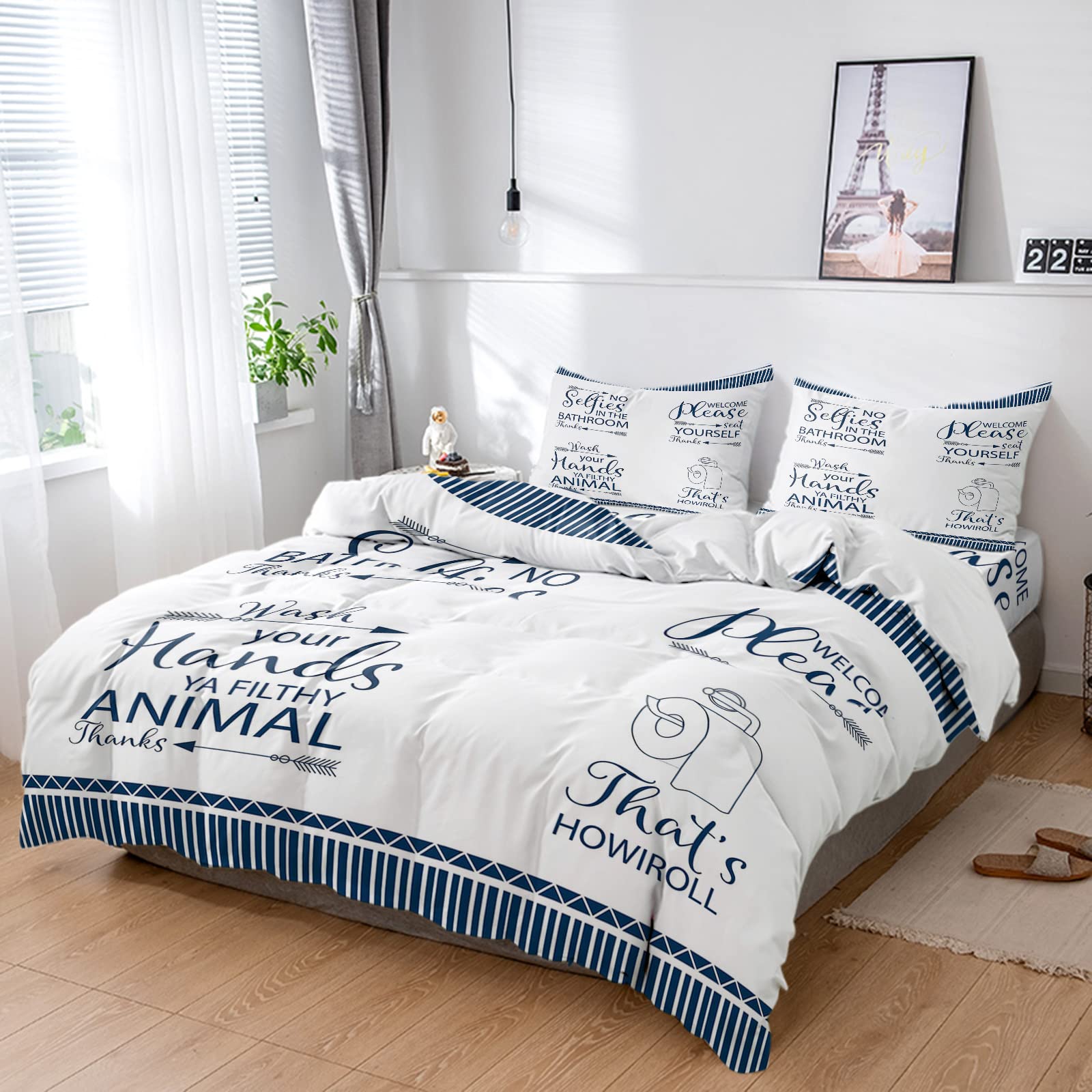 LAMANDA 4 Pieces Bedding Full Duvet Cover Set,Bathroom Quote Paper Towel Tube Ultra Soft Bed Sheet with 2 Pillowcase,Blue Stripe White Back Breathable Quilt Cover Bedspread Sets for All Seasons