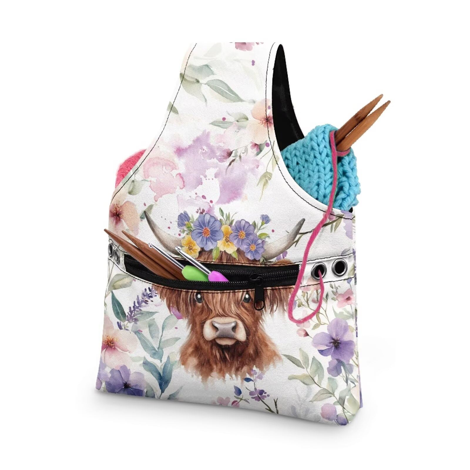 ZUXONGSY Highland Cow Yarn Tote Bags for Crocheting Wildflower Knitting Tote Bag Lightweight Knitting Accessories Crochet Organizers and Storage