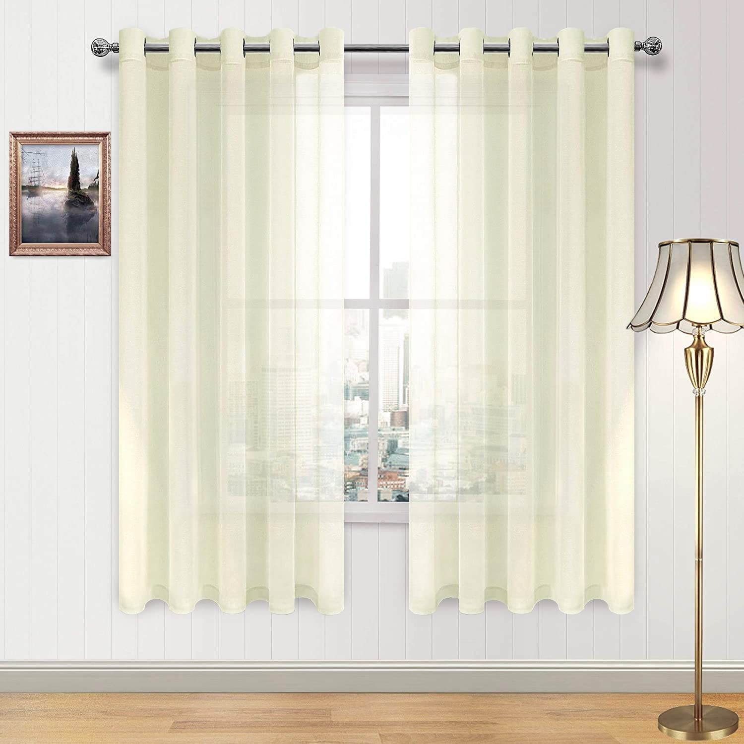 dwcn ivory sheer curtains linen look semi transparent voile grommet curtains for living dining room drapes 60 x 63 inch long, set of 2 panels