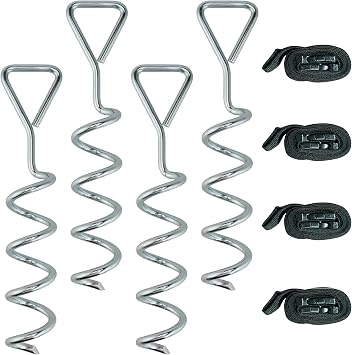 SPORTNOW 4Pcs Trampoline Anchor Kit, 32 cm Heavy Duty Galvanised Steel Trampoline Stakes, Spiral Ground Anchors with Triangle Head, Adjustable Straps for Wind Resistance, Fits Tents, Swings and Sheds