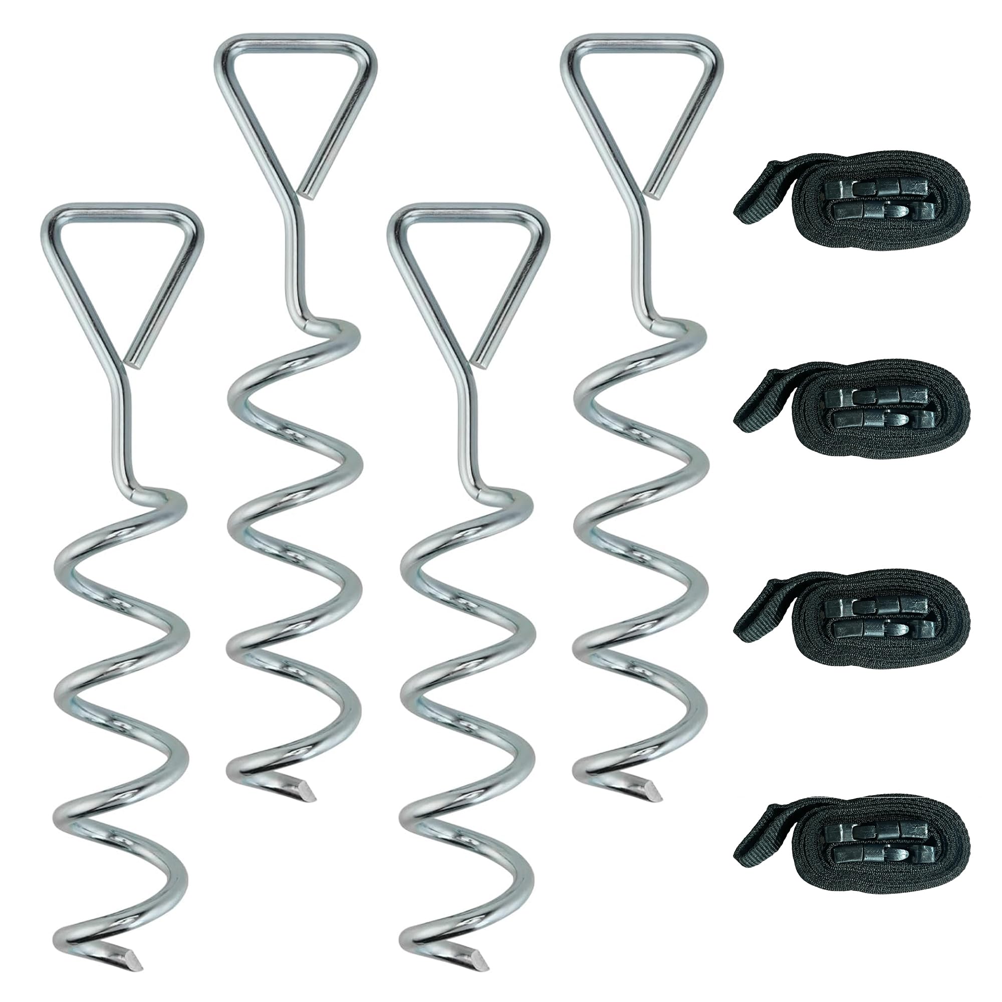 SPORTNOW 4Pcs Trampoline Anchor Kit, 32 cm Heavy Duty Galvanised Steel Trampoline Stakes, Spiral Ground Anchors with Triangle Head, Adjustable Straps for Wind Resistance, Fits Tents, Swings and Sheds