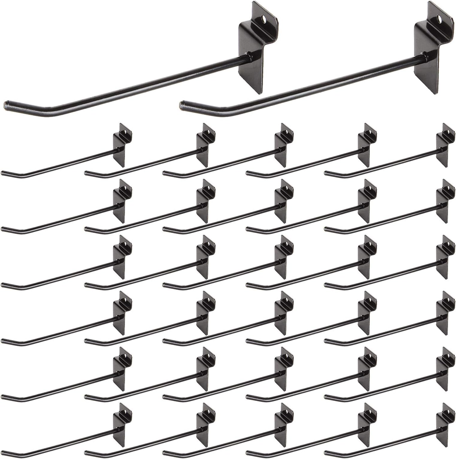 32Pack Slatwall Hooks, 4”& 6” Heavy Duty Panel Display Hooks, Commercial Grade Slat Board Hooks for Panel, 1/4” Thickness Metal Slatwall Deluxe Hooks for Garage Shop Retail Display, Black