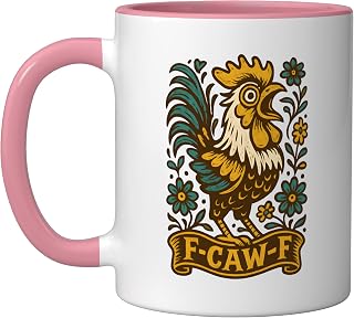 F Caw F Chicken Funny FCAWF Mama Hen Rooster Meme Women Ceramic Mug, Pink/White