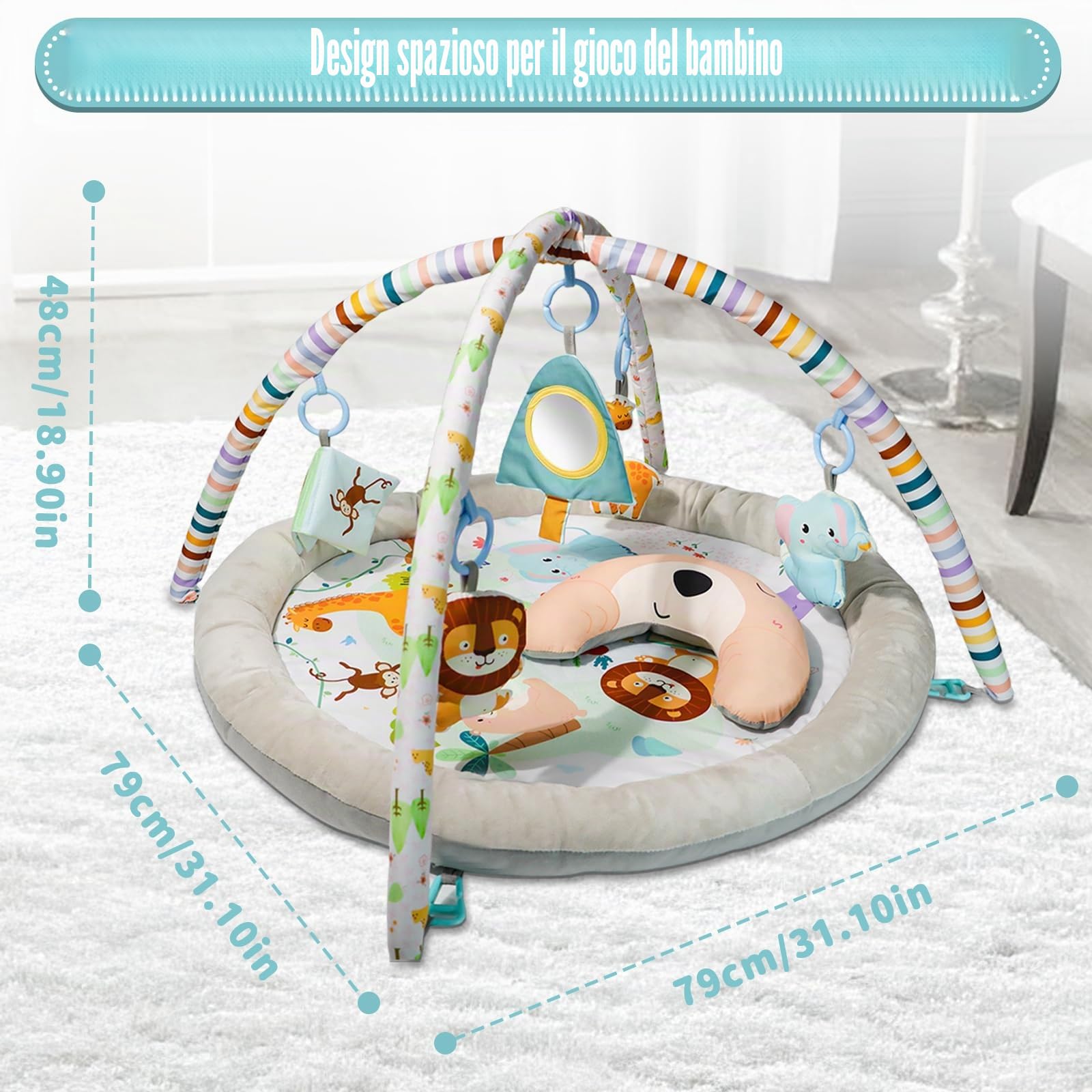 Tappeto e palestra per il gioco del bambino in peluche,Con 6 giocattoli e cuscino luna. Design zoo piegabile, smontabile,Promuove l'ed Aucazione precoce, Baby Tappeto e palestra