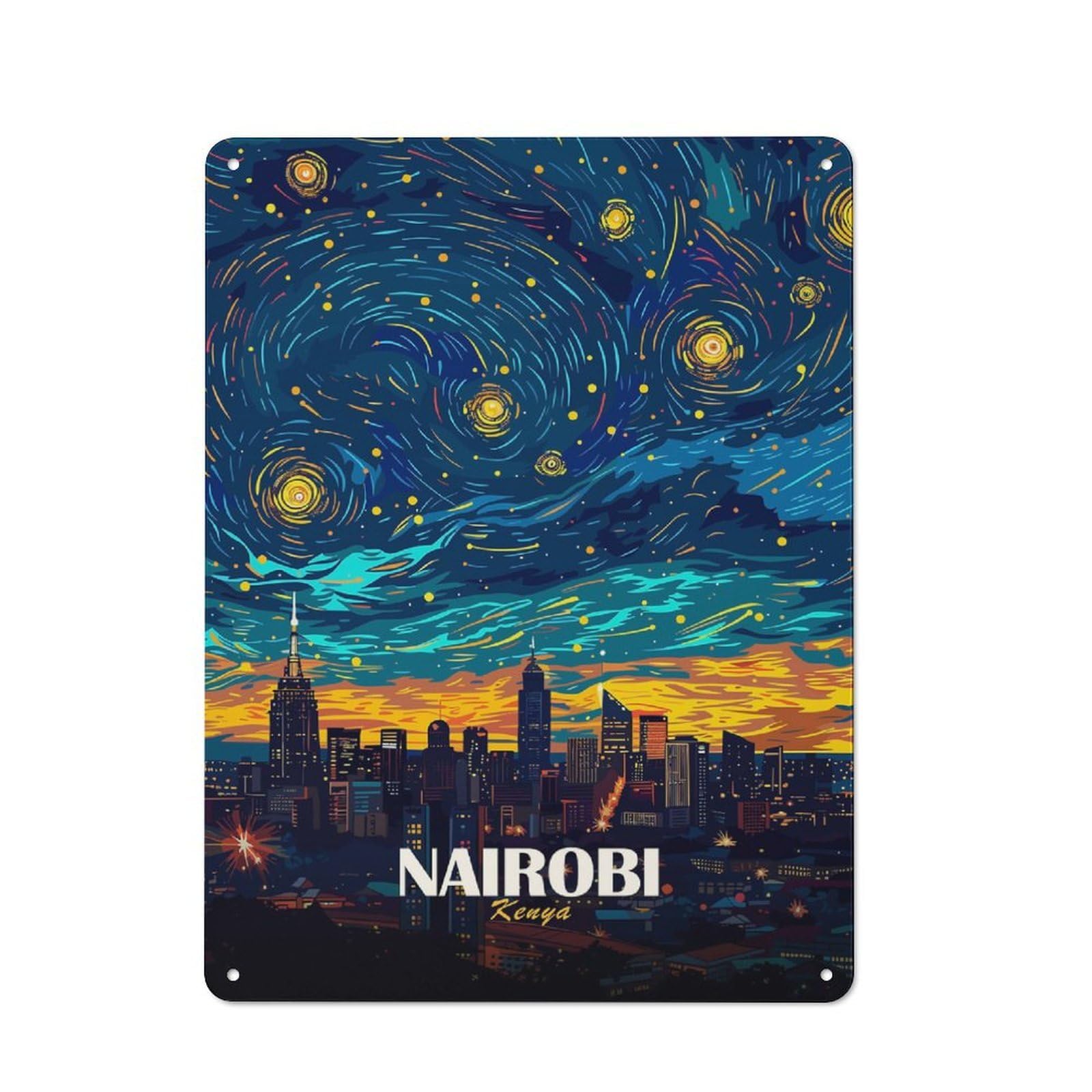Junmoney Style-14 Modern Retro Decorative Metal Plaque 40X30cm Featuring Nairobi Kenya Starry Night Art, Loft Wall Plaque For Flat, Bar, Studio Or Gallery Wall
