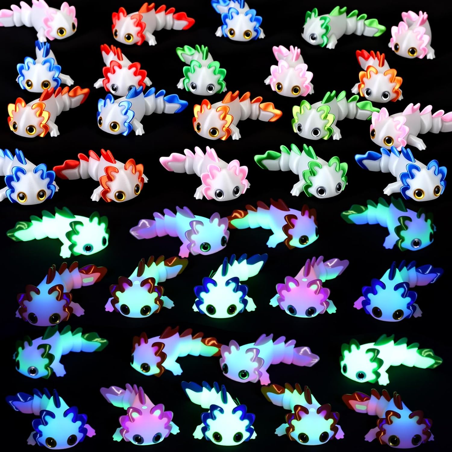 Soulchen Multicolor Glow in The Dark 3D Printed Axolotl Figures Charms Sensory Mini Fidget Gifts for Axolotl Graduation Party Favors Birthday Party Supplies Tiny Animal Figures (24 Pcs)