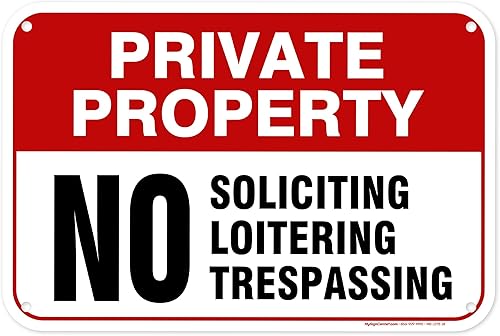 Miniatura 14 de A82-196 Cartel de advertencia "Private property. No Soliciting Loitering Trespassing" de 10" x 14". Aluminio inoxidable 0,040. Hecho en los EE UU.