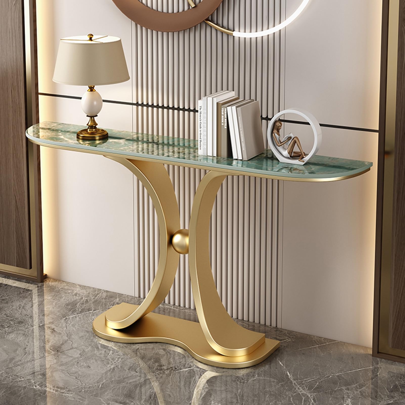HARELA Console Table for Entryway, Narrow Console Table with Metal Frame, Entryway Table with Storage Space, for Entrance, Hallway, Living Room, Easy to Assemble(Gold C,100cm/39.4in)