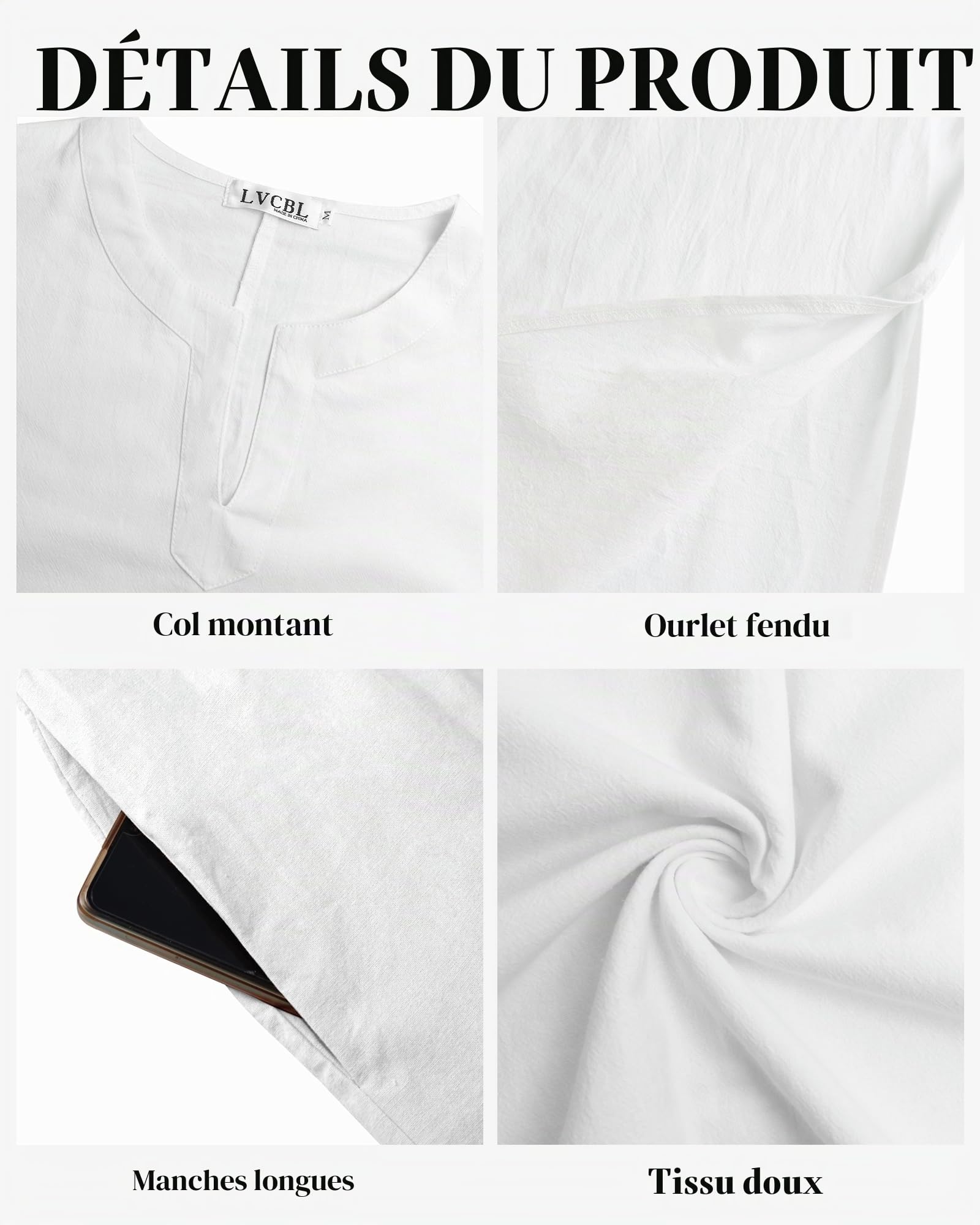 LVCBL Caftan à manches longues pour homme avec poches, coupe universelle, taille M à 3XL