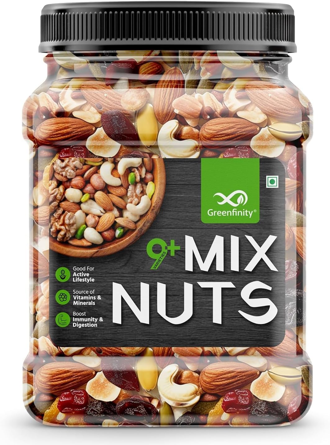 GreenFinity Healthy Nutmix 500 Gram | Jar Pack | Dried Almonds, Black Raisins, Cashewnuts, Cranberries, Green Raisins, Walnut Kernels & Many More