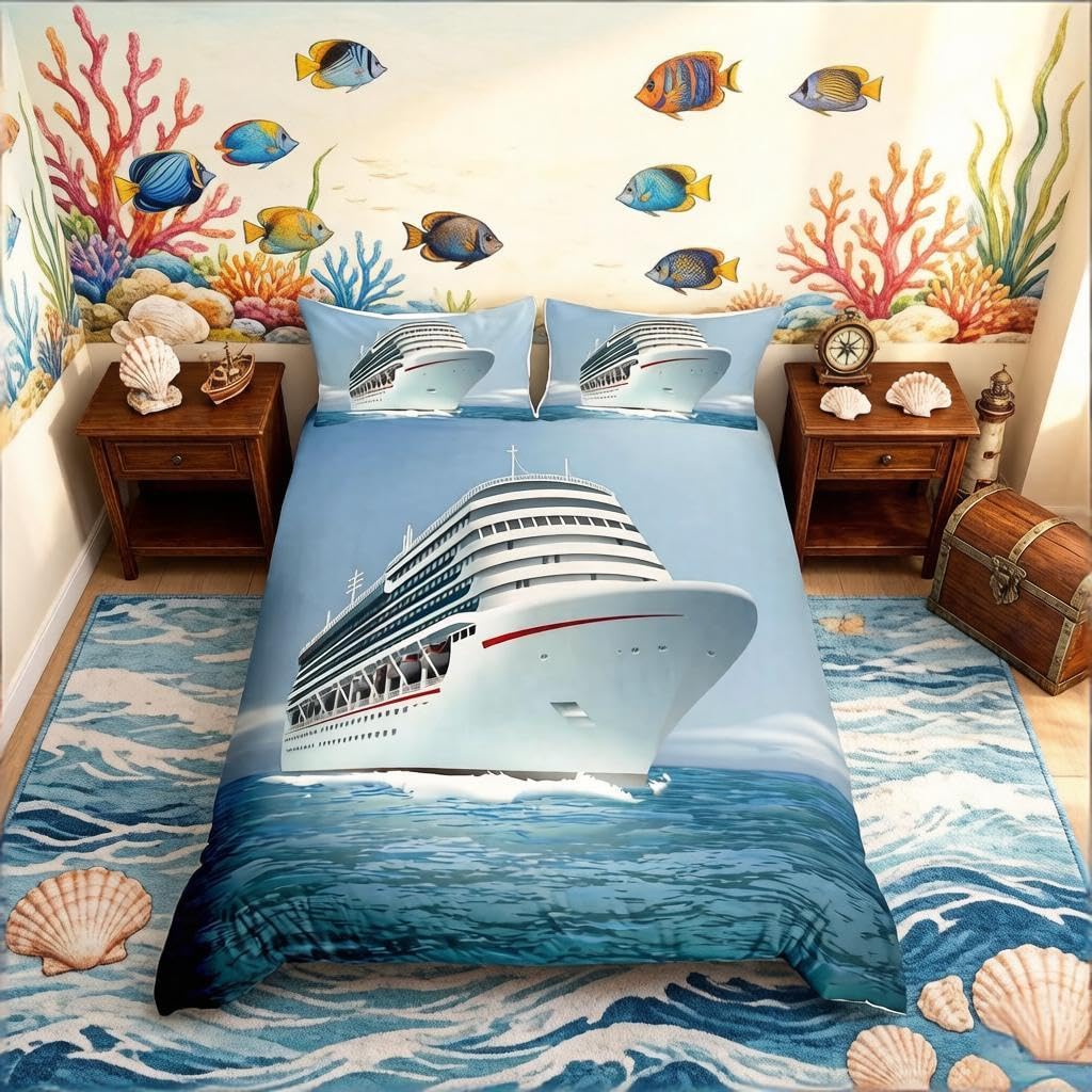 Loussiesd Hawaiian Ocean Comforter Cover Sea Ship Printed Bedding Set Cruise Ship Duvet Cover for Kids Men Women Summer Holiday Vacation Bedspread Cover Room Decor Bedclothes King Size — image 1