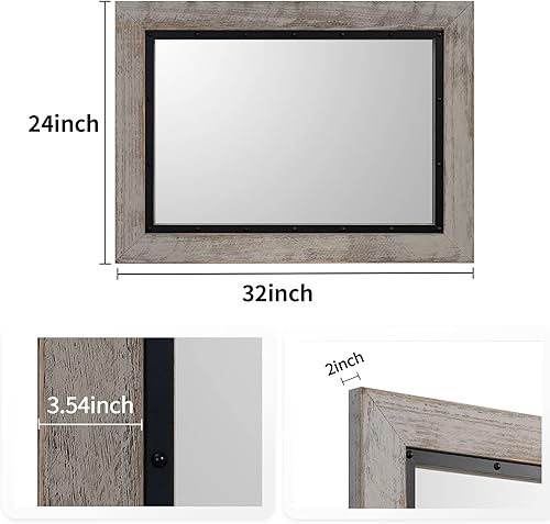 Miniatura 6 de YOSHOOT Espejo de pared con marco de madera rústica, 32 x 24 pulgadas, espejo de tocador de baño de madera natural y hierro para decoración de