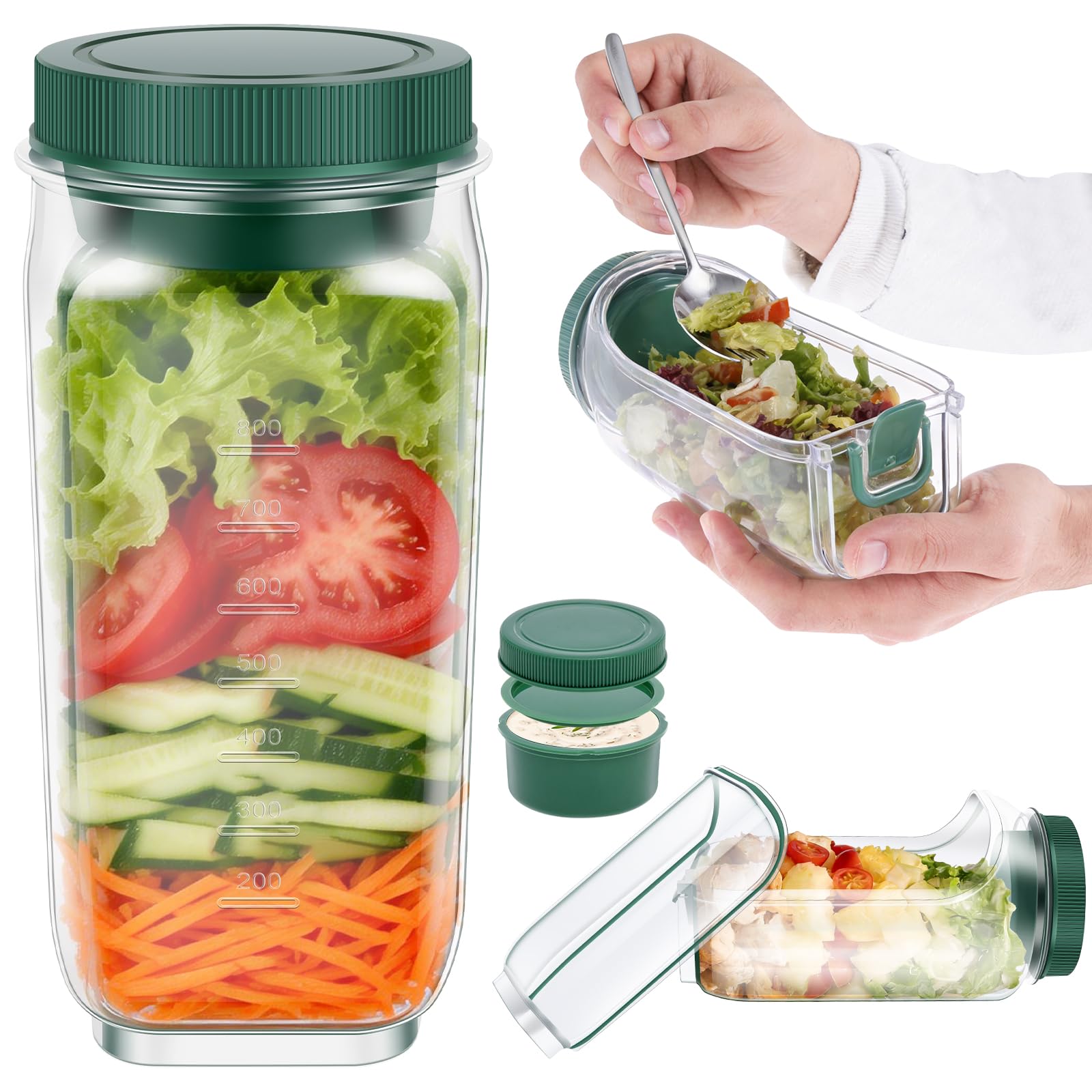Salad Container, 35oz Leakproof Salad Lunch Box with Dressing Pot, BPA-Free PC Salad Jar with Side Opening, Reusable Salads To Go Container for Office, Picnic, Meal Prep, Dishwasher & Freezer Safe