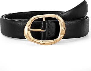 JASGOOD Women's Faux Leather Belt with Unique Liquid Gold Buckle - Fashion Casual Waist Belt for Jeans, Pants, Skirts (Black, Brown, Beige, White)