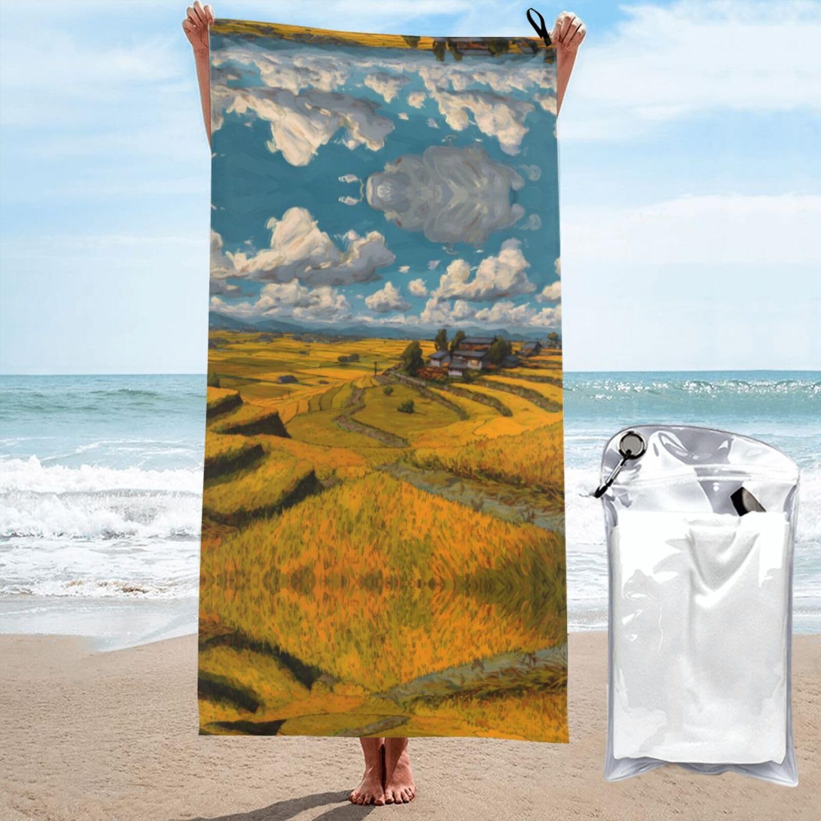 ESNAIUVCD Autumn Rice Fields Print Beach Towel, Microfibre Sauna Towel, Quick-Drying Fitness Towel, Lightweight And Thin Portable Sauna Towel