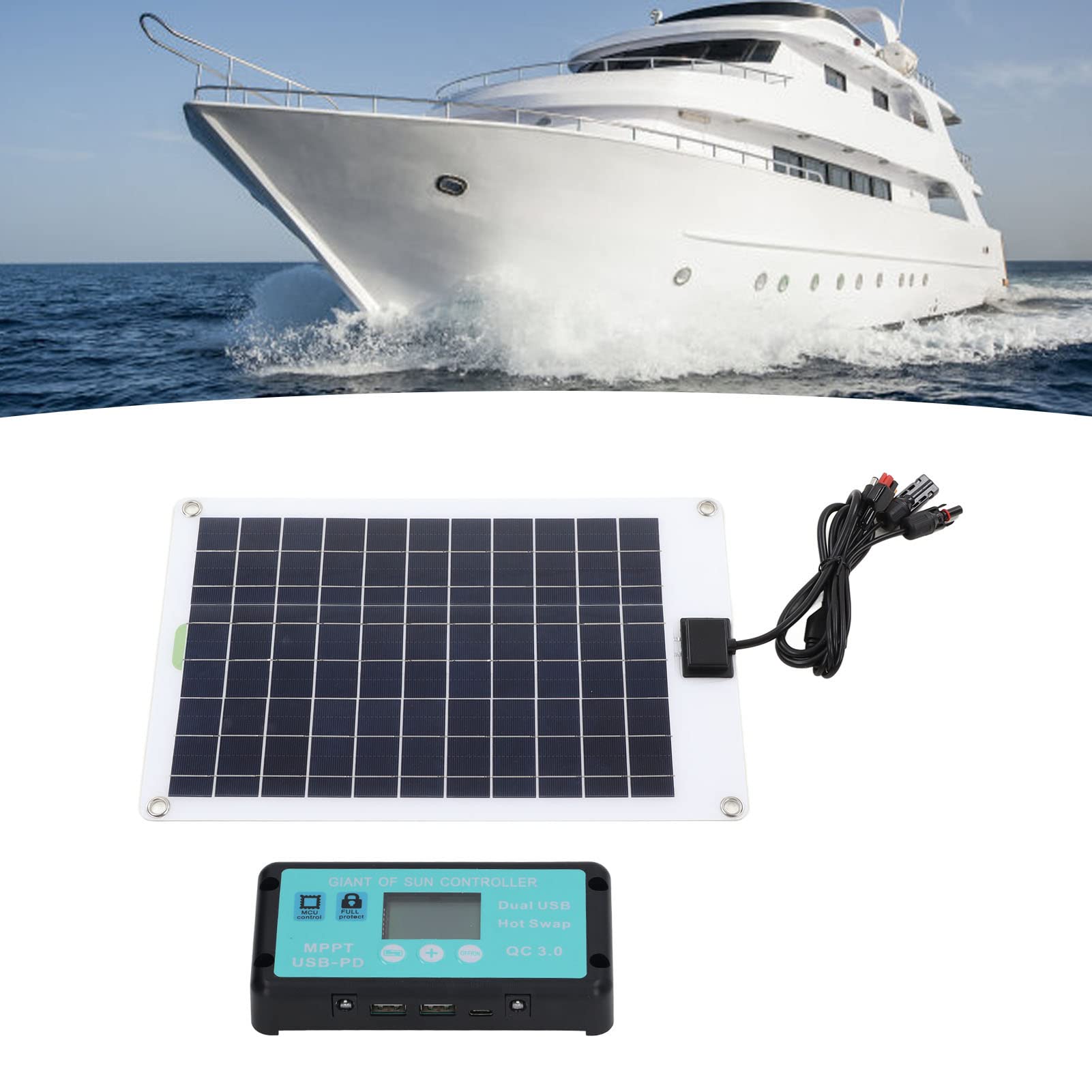 Kit Pannello Solare da 50 Watt 12V, Caricabatteria Portatile da Pannello Solare Impermeabile con Controller MPPT 100A per Rimorchio Veicolo Barca Marina Batteria da 12 Volt