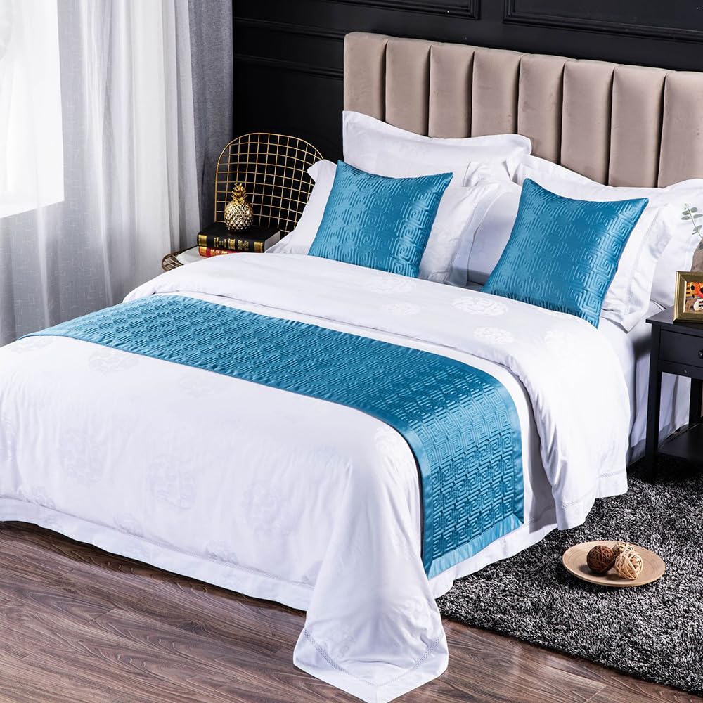 QRGMKL New Solid Color Bed Runners Soft Skin-friendly Bed Scarves High-precision Geometric jacquard Bedding Protector Bedspread for Home Bedroom Hotel-Blue A||240X50cm for 1.8m Bed
