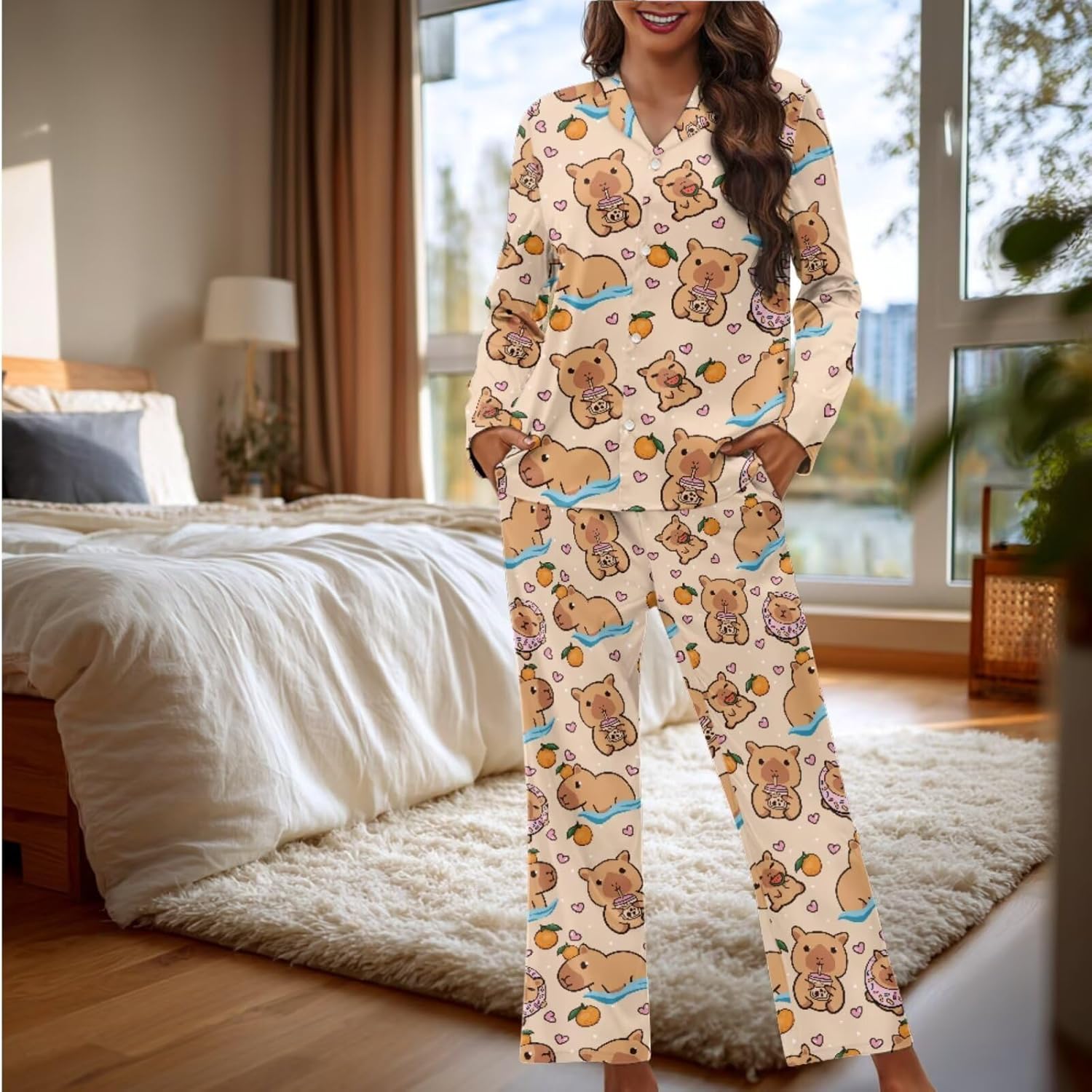 Womens Pajamas 3-Piece Sets Long Sleeve Button Up Pajama Set Loungewear Pjs with Bow Hair Band - Image 2