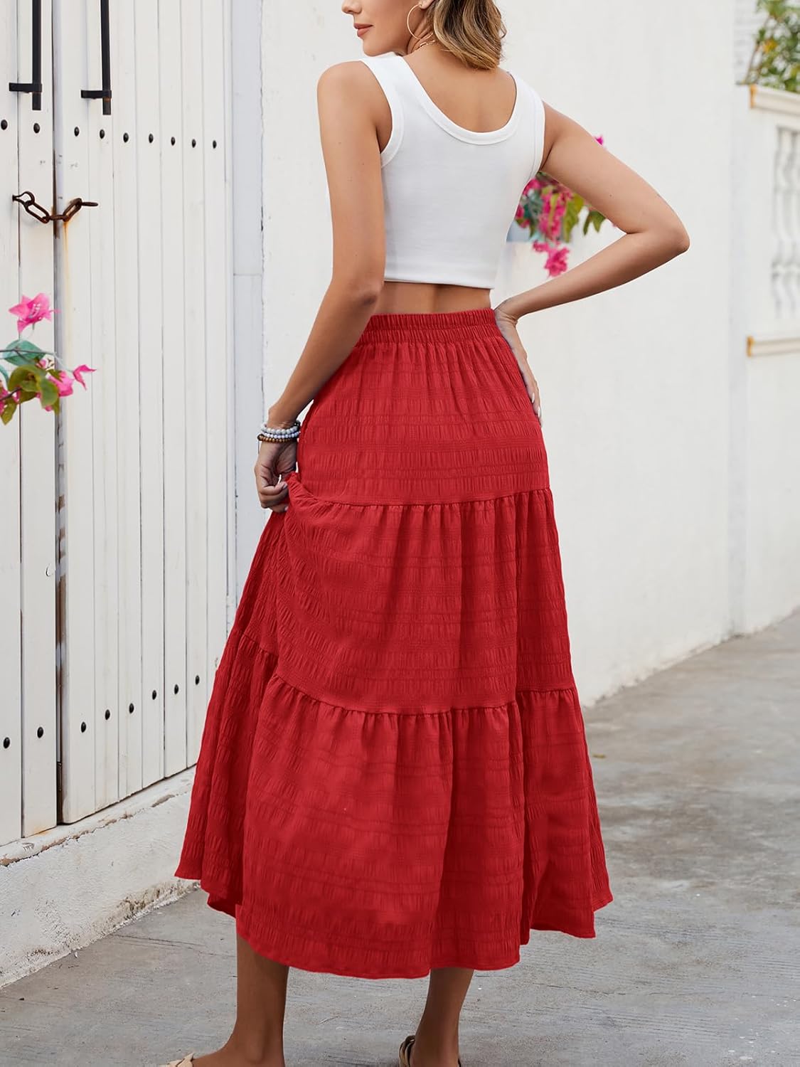 HUSKARY Women's Summer Casual Elegant Smock Layered Tiered Maxi Skirt High Waisted A Line Flowy Long Skirts with Pockets - Image 4