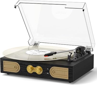 Vinyl Record Player with Speakers, Bass Control, 3-Speed Turntable