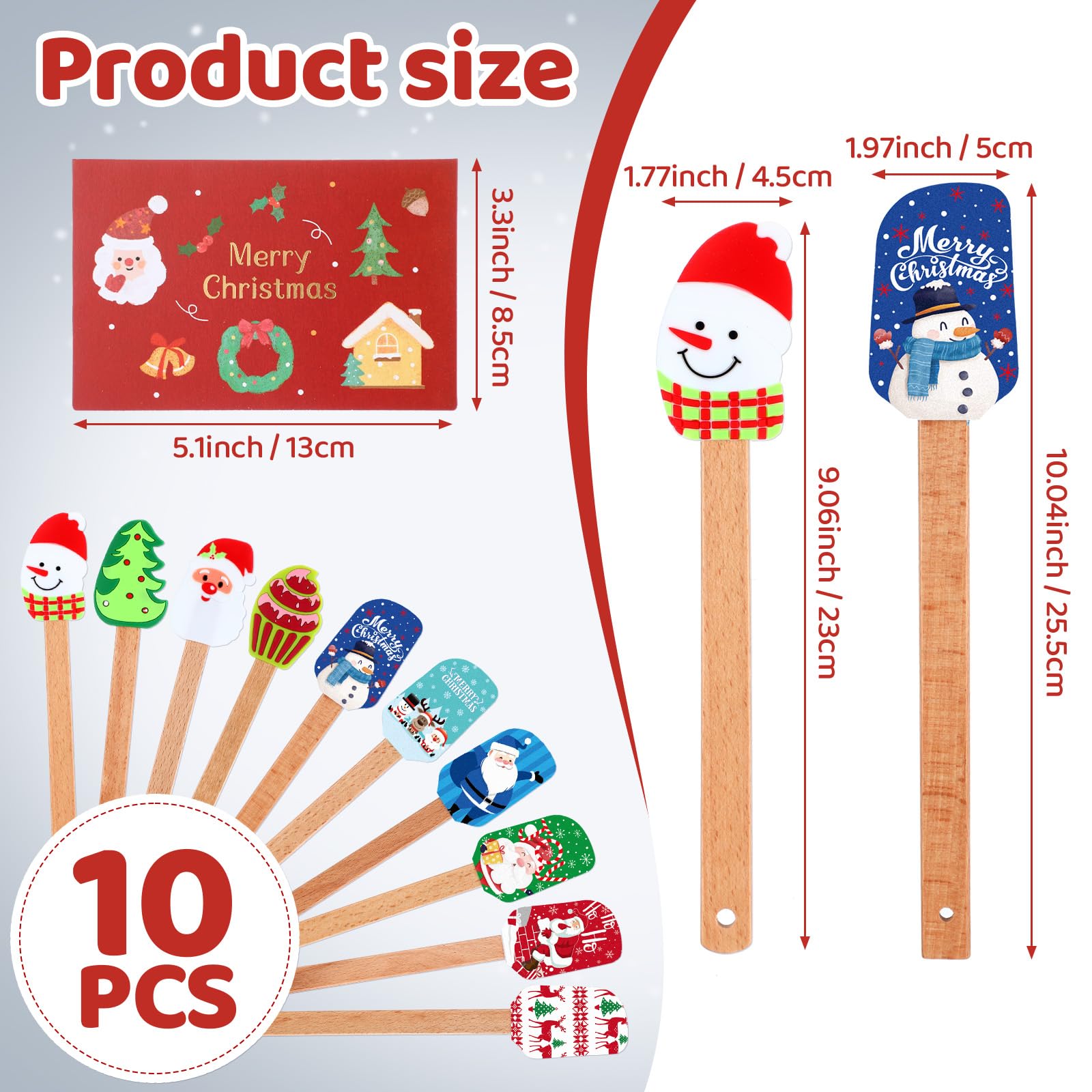 Nitial Juego de 10 espátulas de silicona de Navidad con mango de madera, espátula de Papá Noel, espátula de cocina para hornear con tarjetas de regalo de Navidad para mujeres, cocina, regalo de