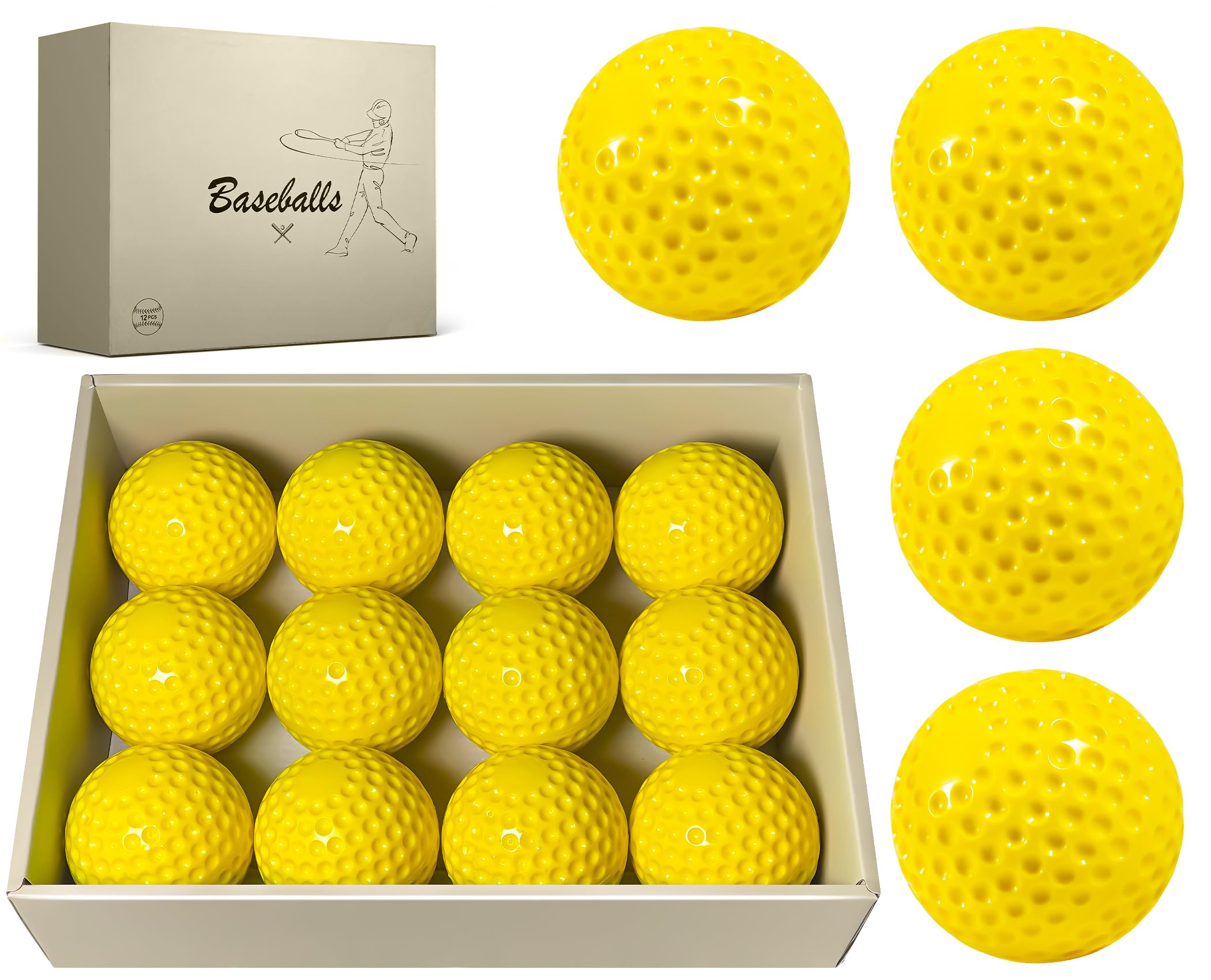 Paquete de 12 pelotas de béisbol con hoyuelos para máquina de lanzamiento, pelotas de práctica para golpear y lanzar, pelotas de béisbol de goma para coordinación ojo-mano