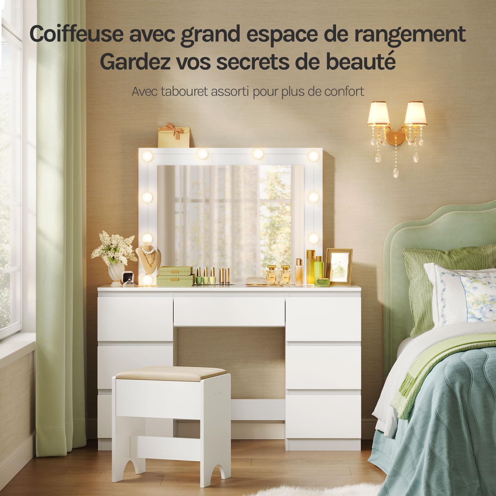 WOLTU Coiffeuse avec Miroir LED à Luminosité Réglable, Table de Maquillage avec 7 Tiroirs, 107x39,5x140,5cm, Blanc, MB6099ws
