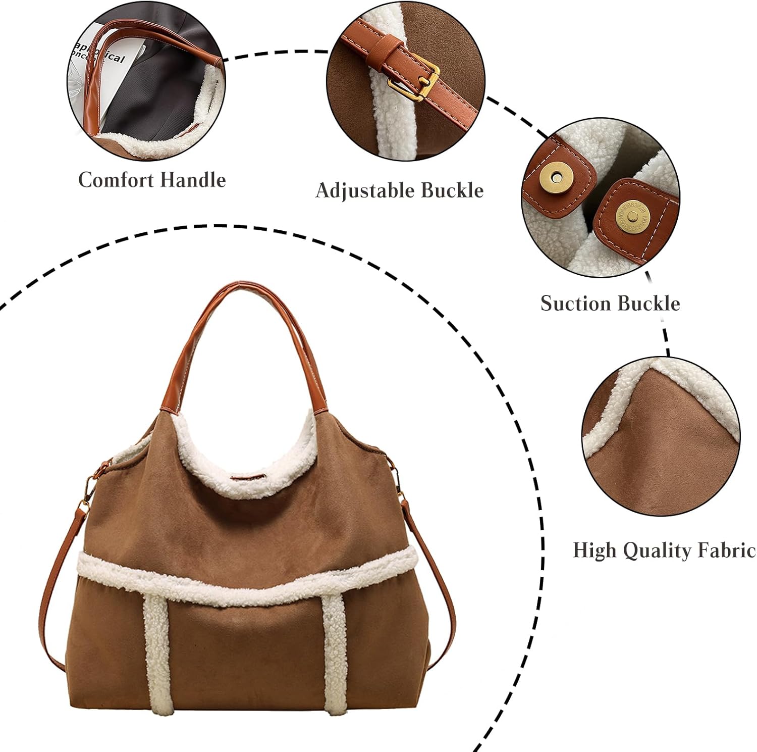 Women Suede Tote Shoulder Bag with Lamb Wool Vintage Crossbody Large Handbag with Coin Purse 2pcs Set - Image 5