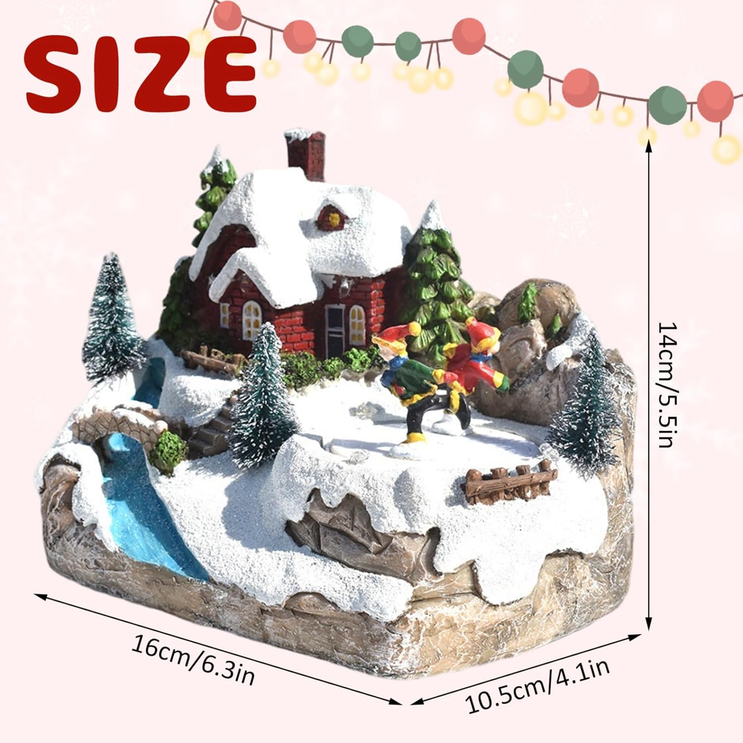 Gcroet Christmas Village Houses LED Lights Sweet Music Christmas Houses with Rotate Skiing Kids Battery Operated & Rechargeable for Kids Adults, 6.3x4.1x5.5 inch